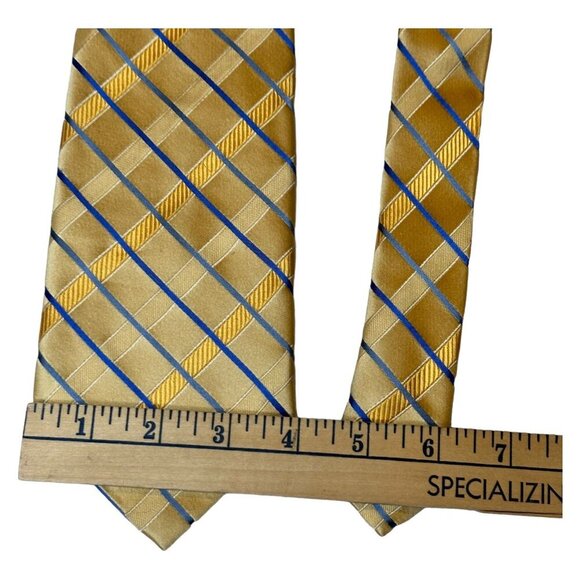 Vintage Wide Silk Tie Preswick and Moore Gold Blue Plaid Classic Retro Necktie - Picture 8 of 9